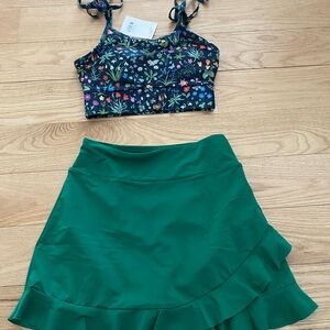 Green Ruffle Swim Skirt and Floral Bikini Top - Women's Swim Set